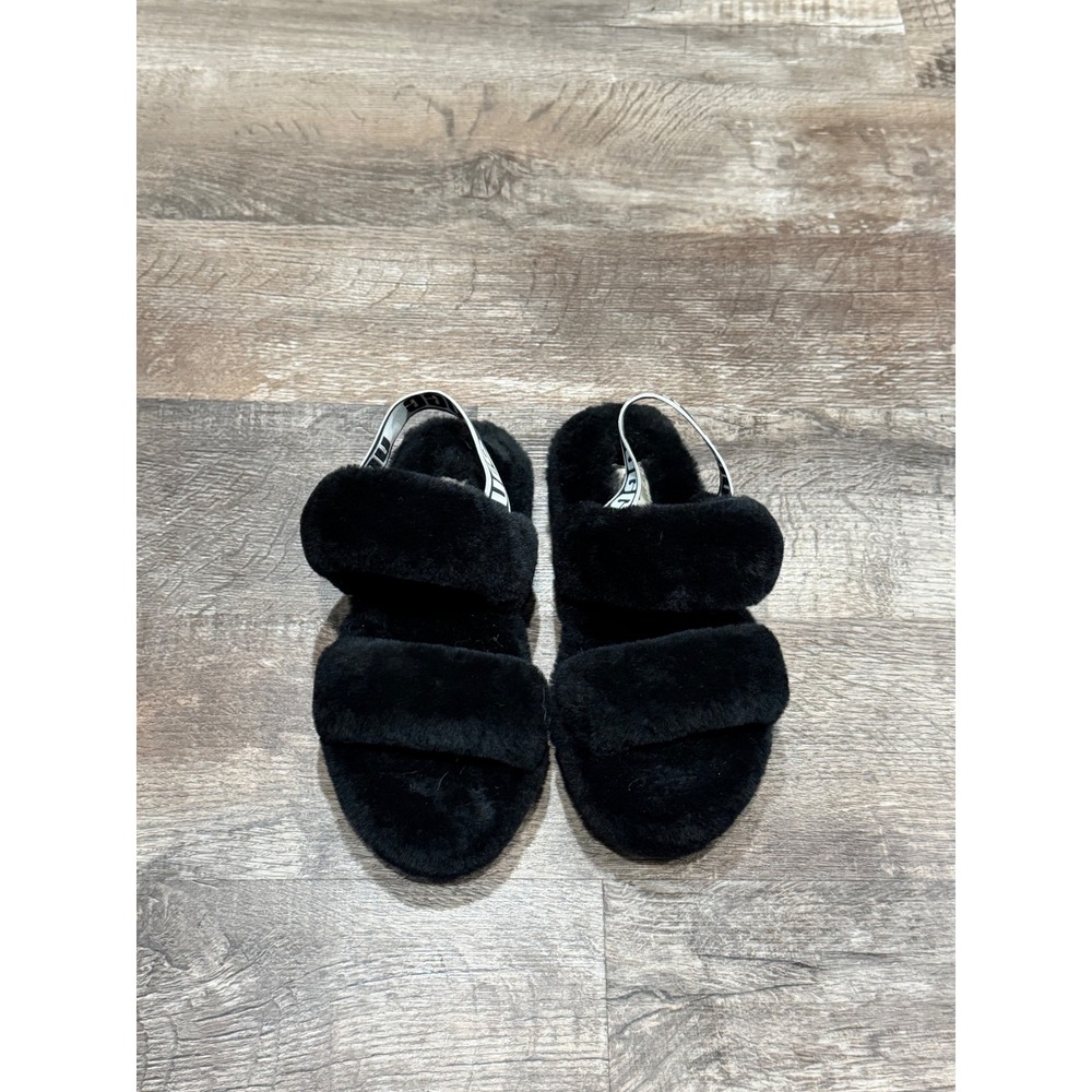 UGG Women Oh Fluffita Black Sheepskin Platform Slingback Slide Sandals 1120876
